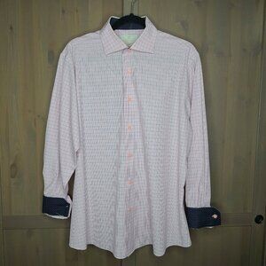 John David Shirt Mens Large Pink Striped Navy Grid Check Button Up Long Sleeve